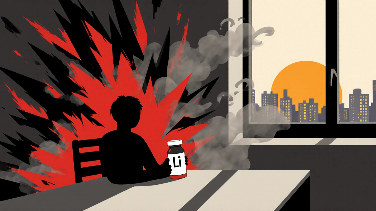 A calm person surrounded by dissolving emotional chaos, symbolizing lithium&#039;s stabilizing effect.