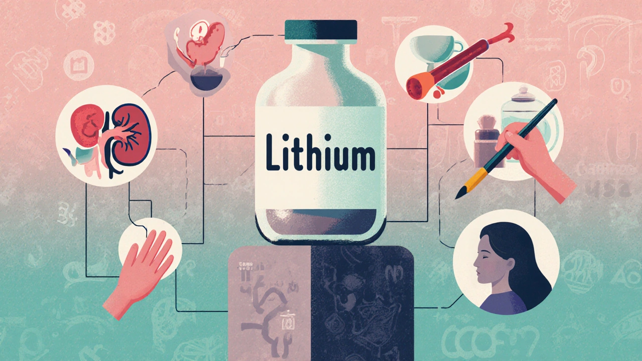 A lithium vial as a monument surrounded by symbols of its effects on the body and mind.
