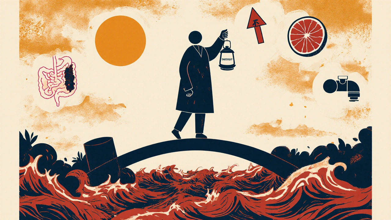 A person on a heart-cell bridge holding a lantern of consistency, with stormy hypertension below and calm sky above in symbolic poster art.