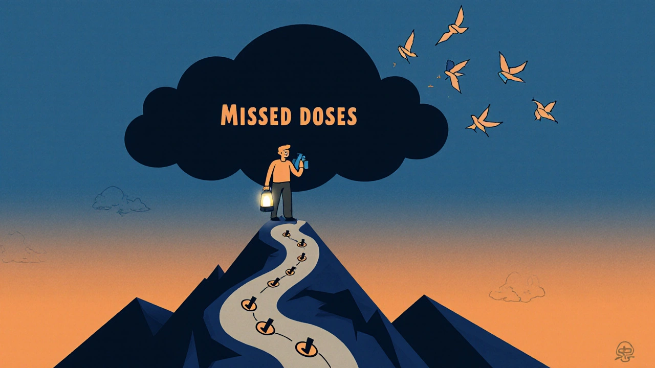 Person on mountain with inhaler as lantern, storm cloud of missed doses behind, in Polish poster style.