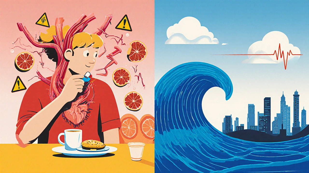 Split illustration: chaotic body on one side, calm body on the other, with a pill transforming tension into peace in Polish poster style.