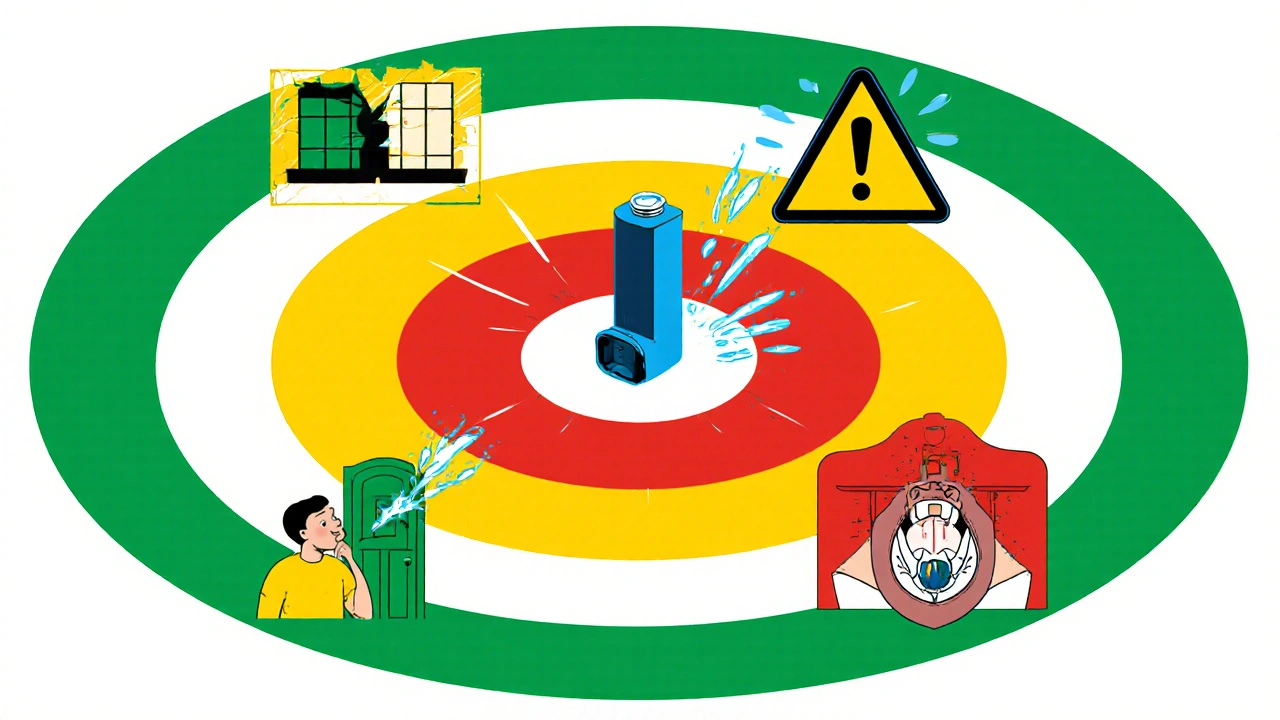 Three-zone asthma action plan as a target, with inhaler at center and symbolic warning signs, in Polish poster style.