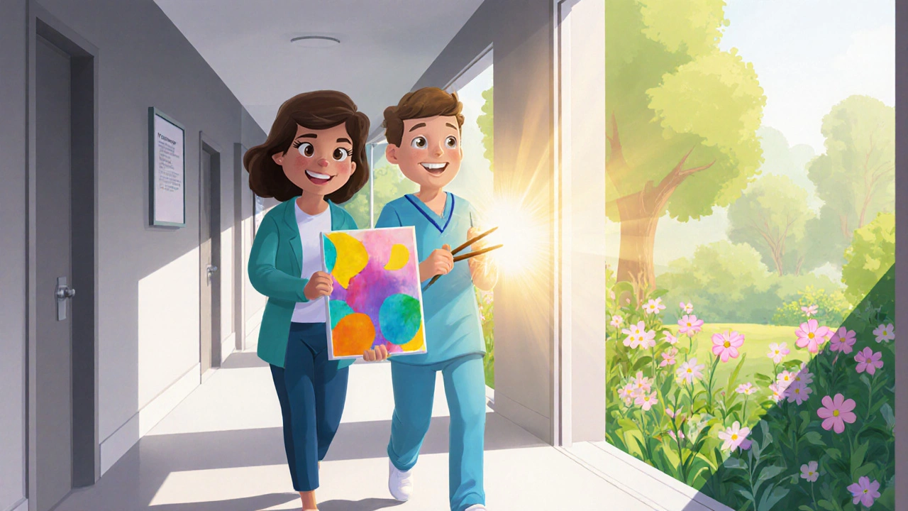A Disney‑style patient walks out of the hospital, smiling, with a vivid artwork showing newfound resilience.