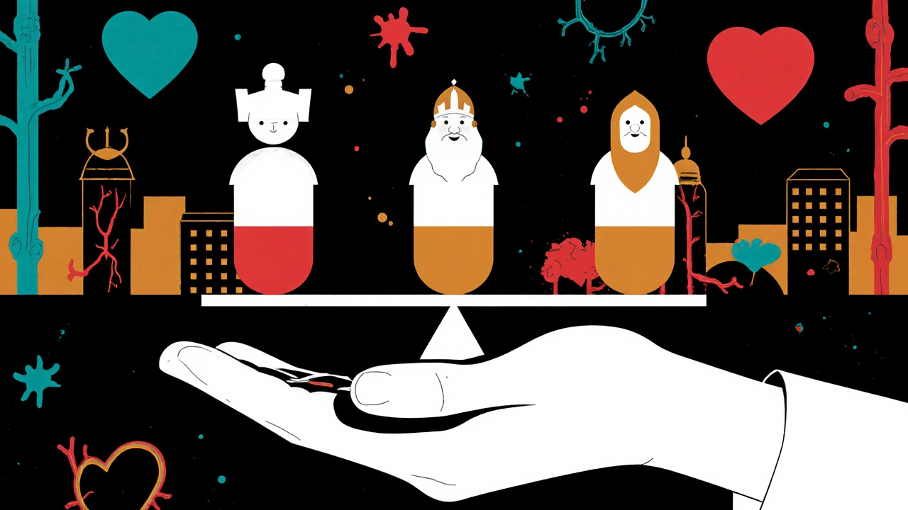 A doctor's scale balancing three stylized statin figures, with heart cityscape behind in abstract Polish poster style.
