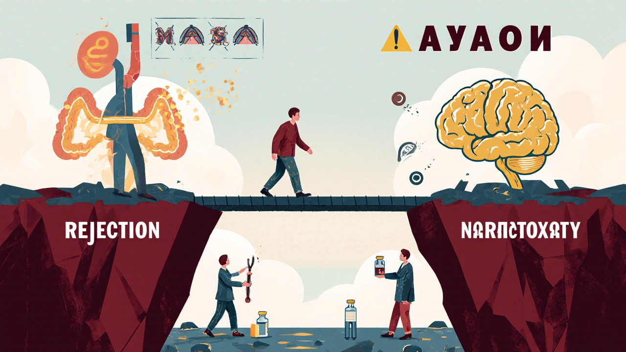 A patient crossing a medical decision bridge between organ rejection and neurotoxicity, supported by sodium, genes, and medication tools.