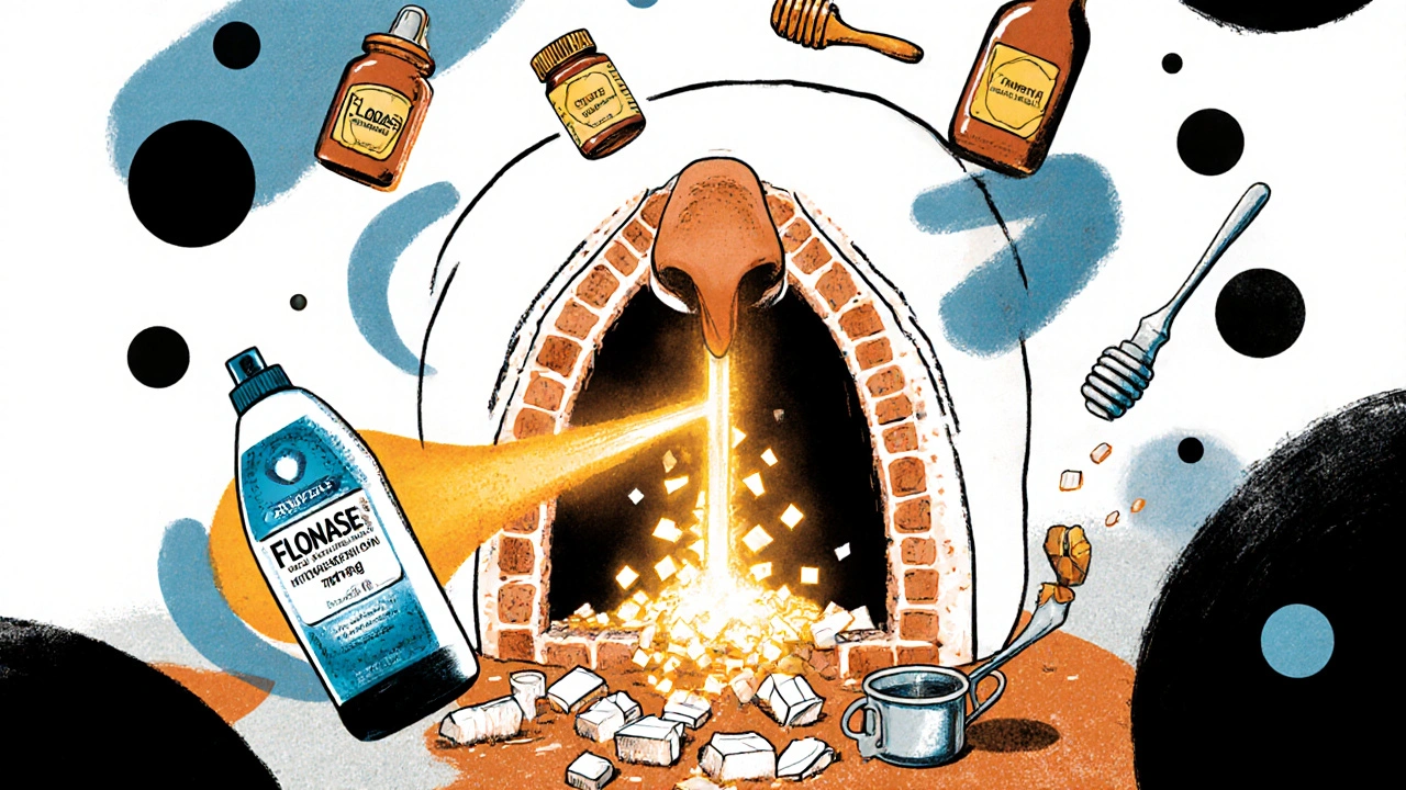 A person's head with nasal tunnel flooded by golden Flonase spray, Zyrtec pills and unproven remedies scattered below.