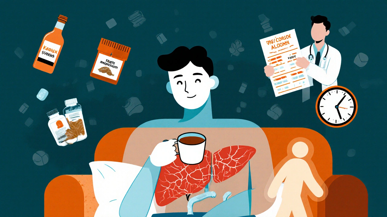 A person with translucent liver showing damage, surrounded by medications and warning signs in bold illustration style.