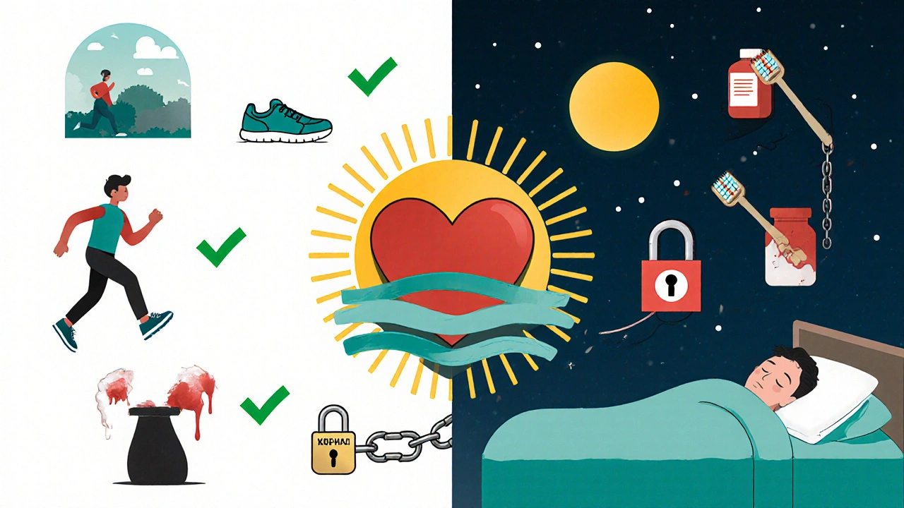 A split scene: healthy habits on one side, safely managed risks on the other, with a calm heart symbol radiating peace under a rising sun.