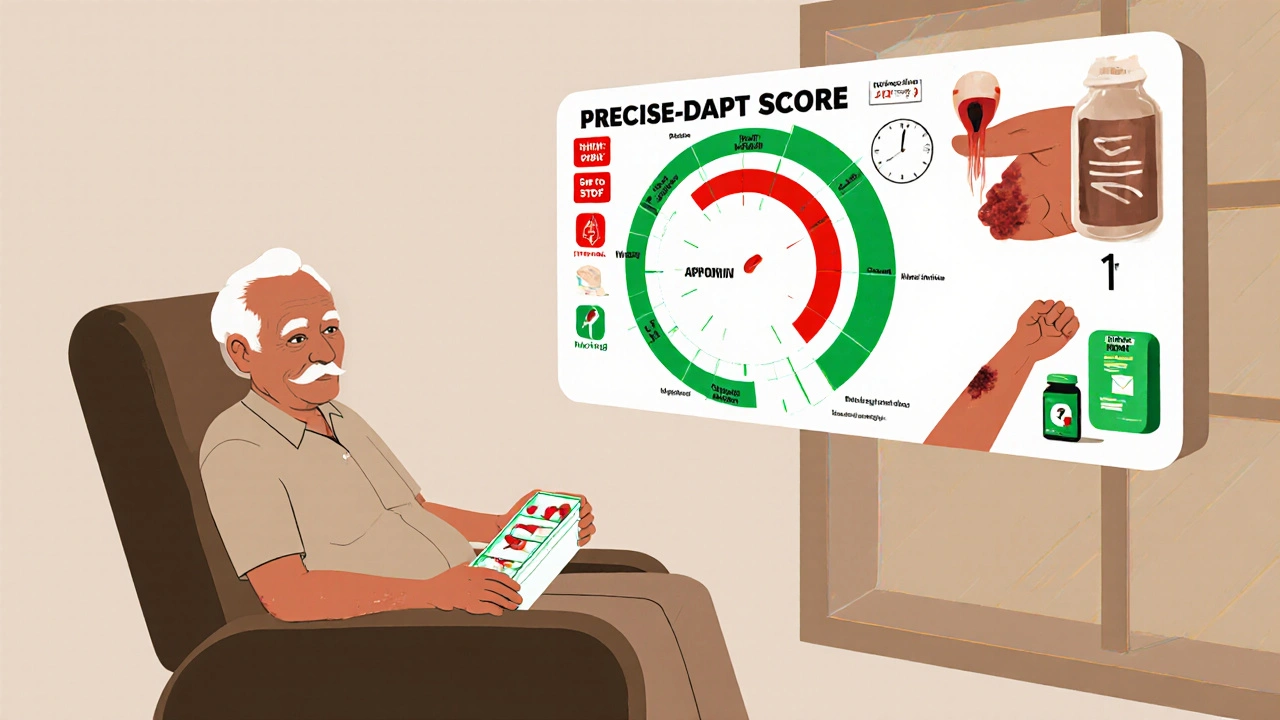 An elderly patient with a pill organizer showing aspirin only, above a floating risk score chart, with bleeding icons in the background.