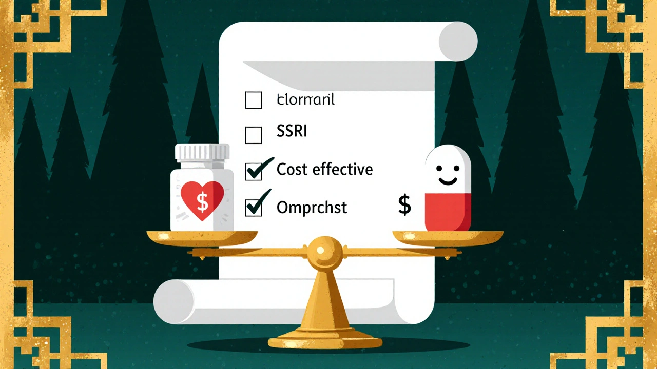 Balance scale comparing Clofranil (tablet, heart, dollar) with SSRI (feather, smile, check) over a checklist background.