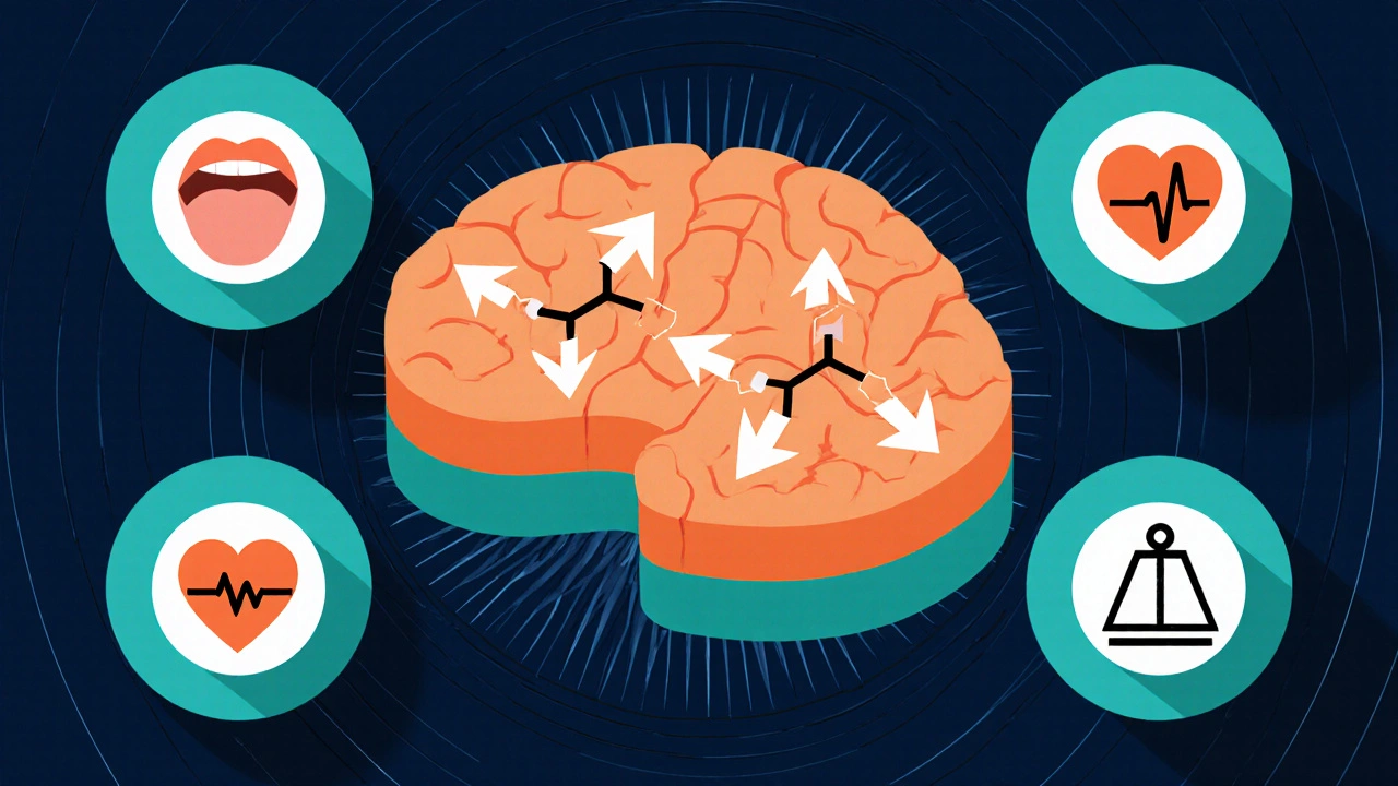 Brain cutaway showing serotonin pathways, clomipramine structure, and icons for dry mouth, heart, and weight gain.