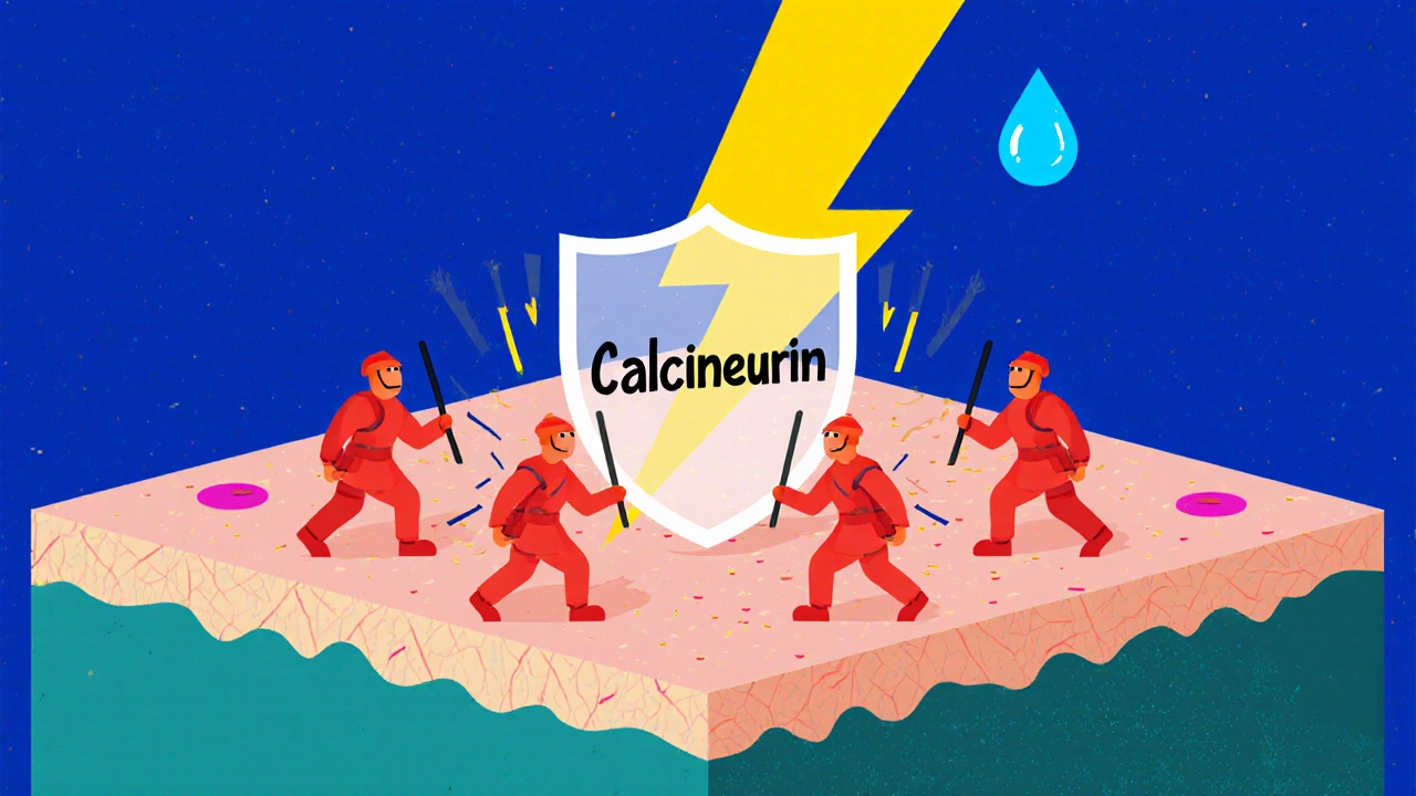 Cartoon poster showing T‑cells blocked by pimecrolimus shielding cytokine signals.