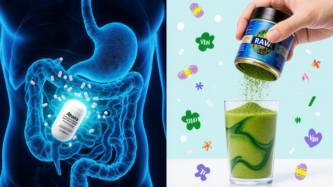 Close-up of a timed-release capsule dissolving in the stomach contrasted with a powder being mixed into a smoothie.