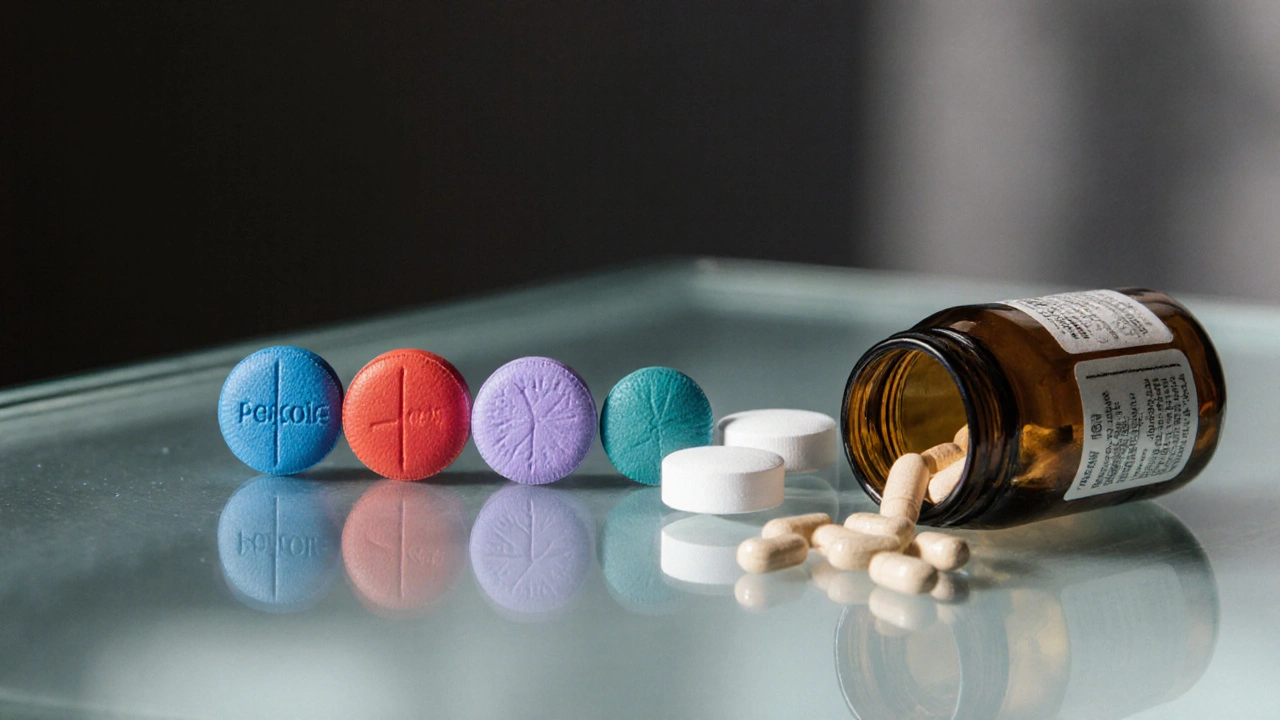 Close‑up of six different ED treatments arranged on a glass table.