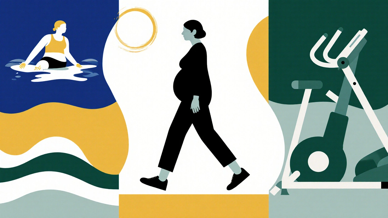 Collage of low‑impact activities: walking, prenatal yoga, swimming, elliptical, light weights.