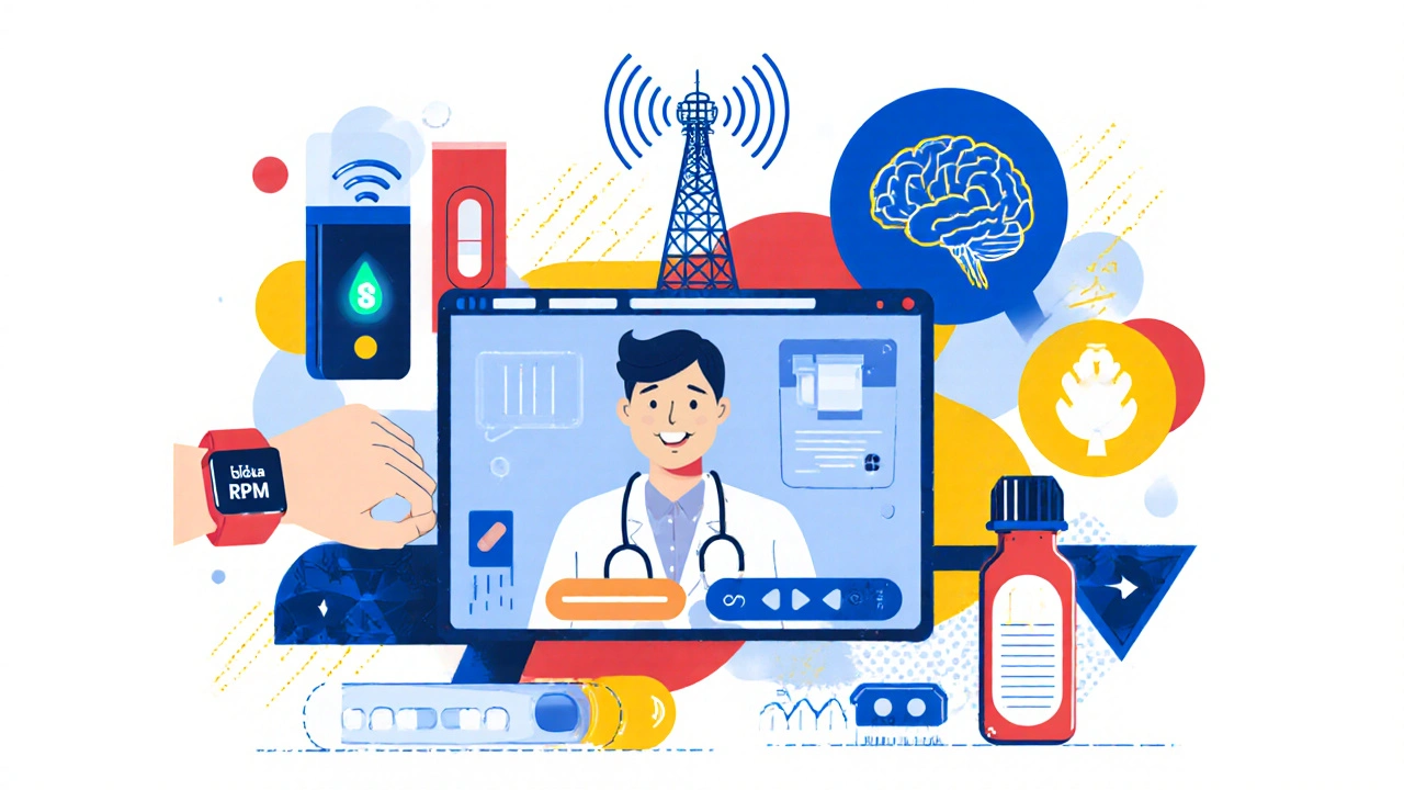 Collage of remote monitoring devices and pharmacist video call in bold cartoon style.