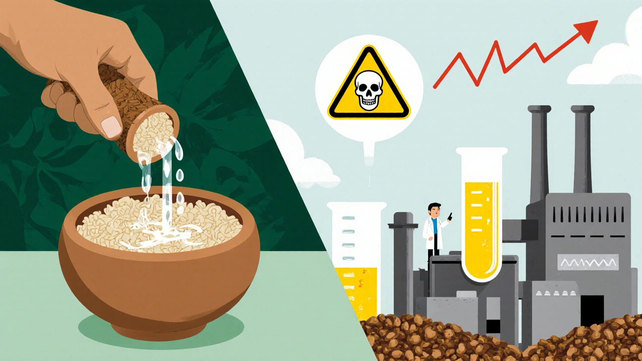 Contrasting traditional water-extracted kava with dangerous solvent-extracted kava in graphic poster style.