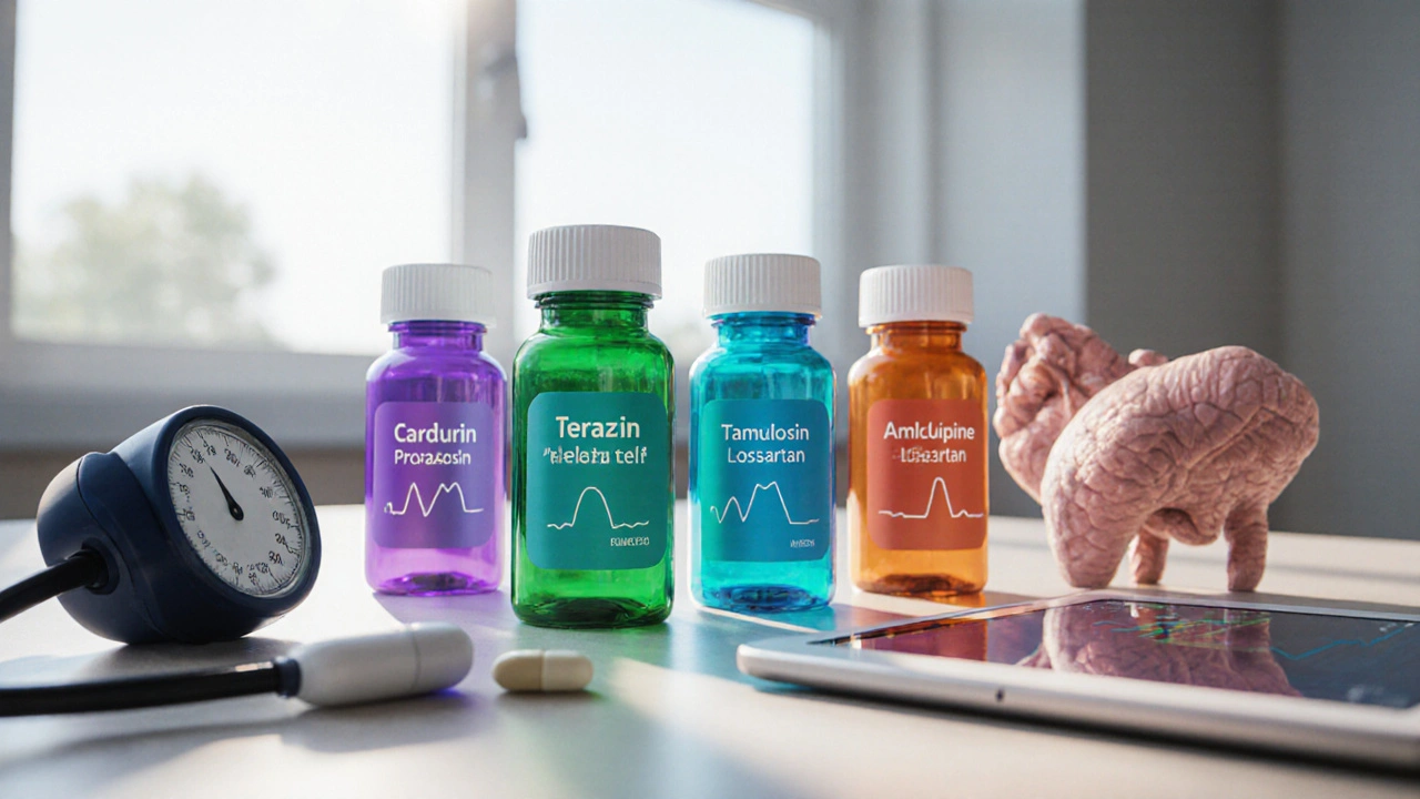 Desk with six colored pill bottles, blood pressure cuff, and prostate model.