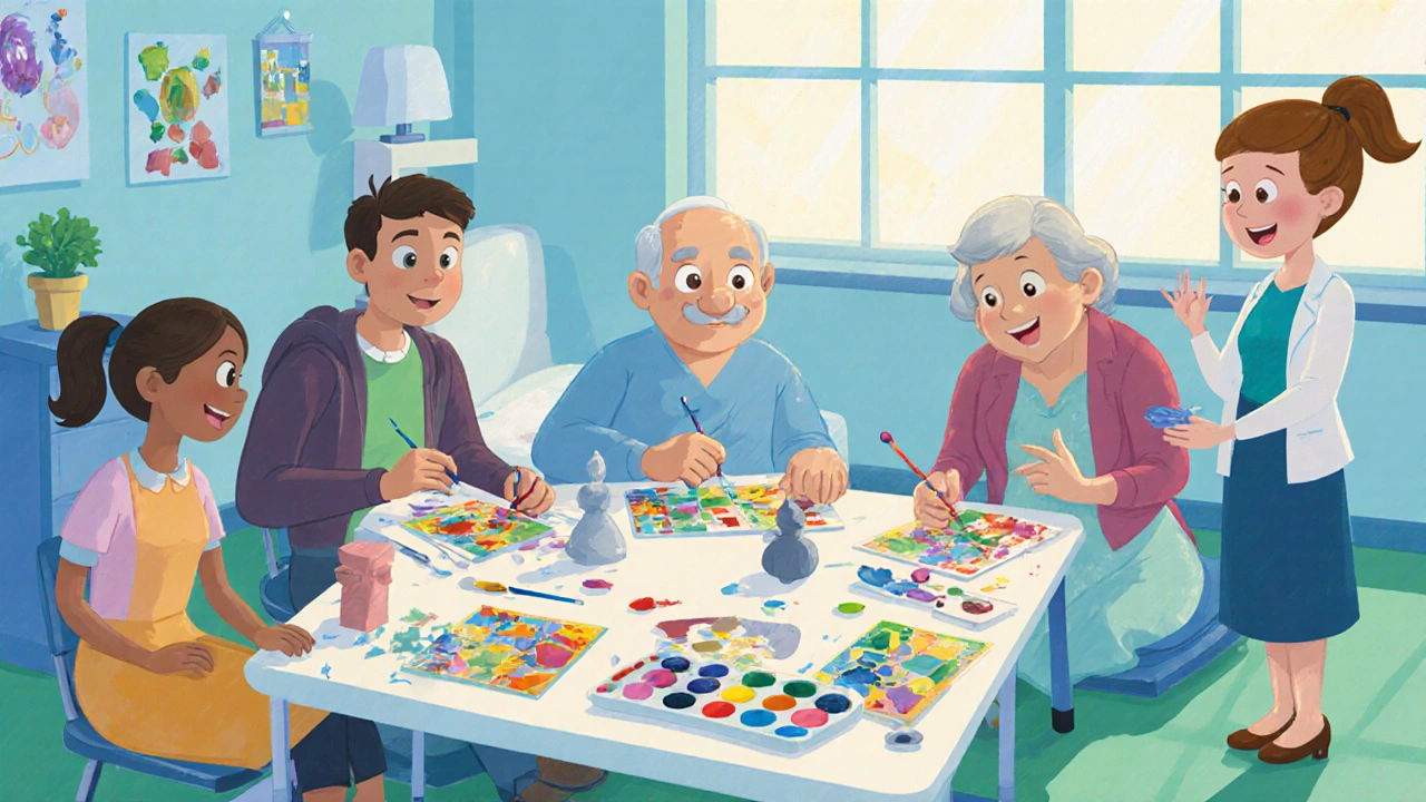 Disney characters participate in a group art therapy workshop, painting and collage together.