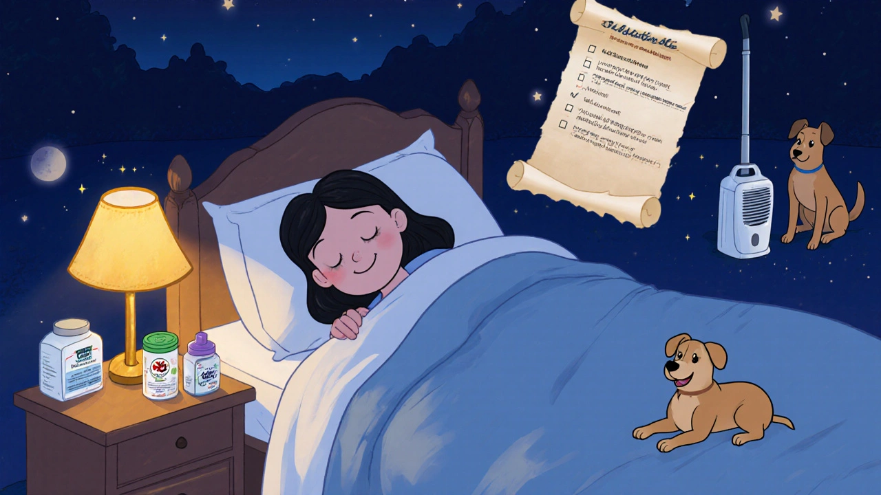 Disney‑style bedroom with hypoallergenic bedding, pet, and avoidance checklist.