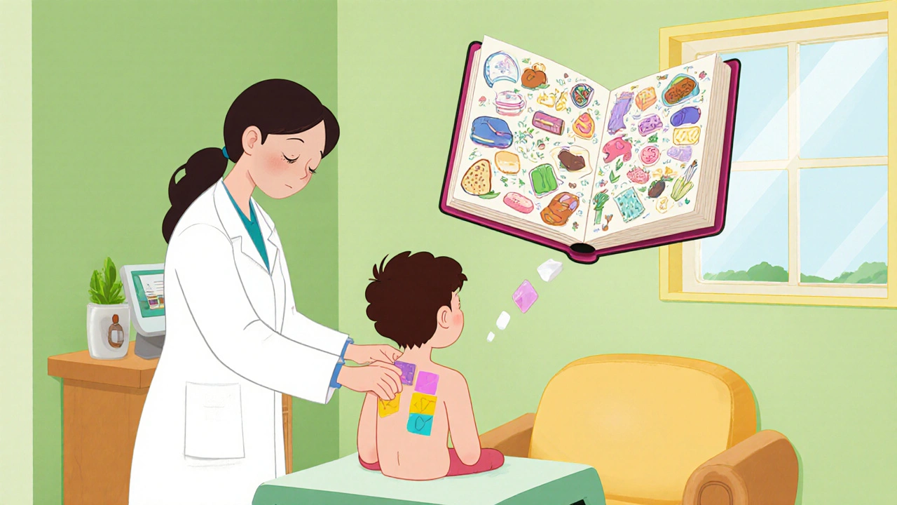 Disney‑style clinic showing dermatologist applying patches and an ingredient diary.