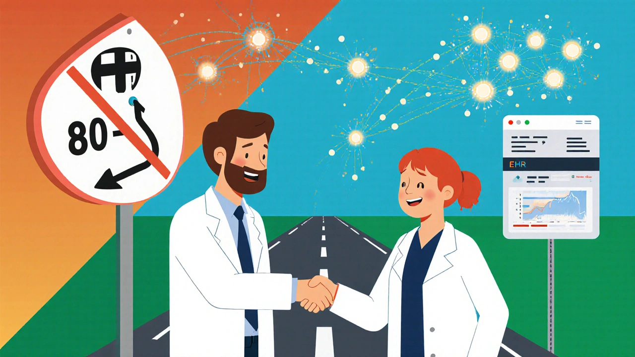 Doctor and patient celebrating reduced hospital trips with AI network and road sign.