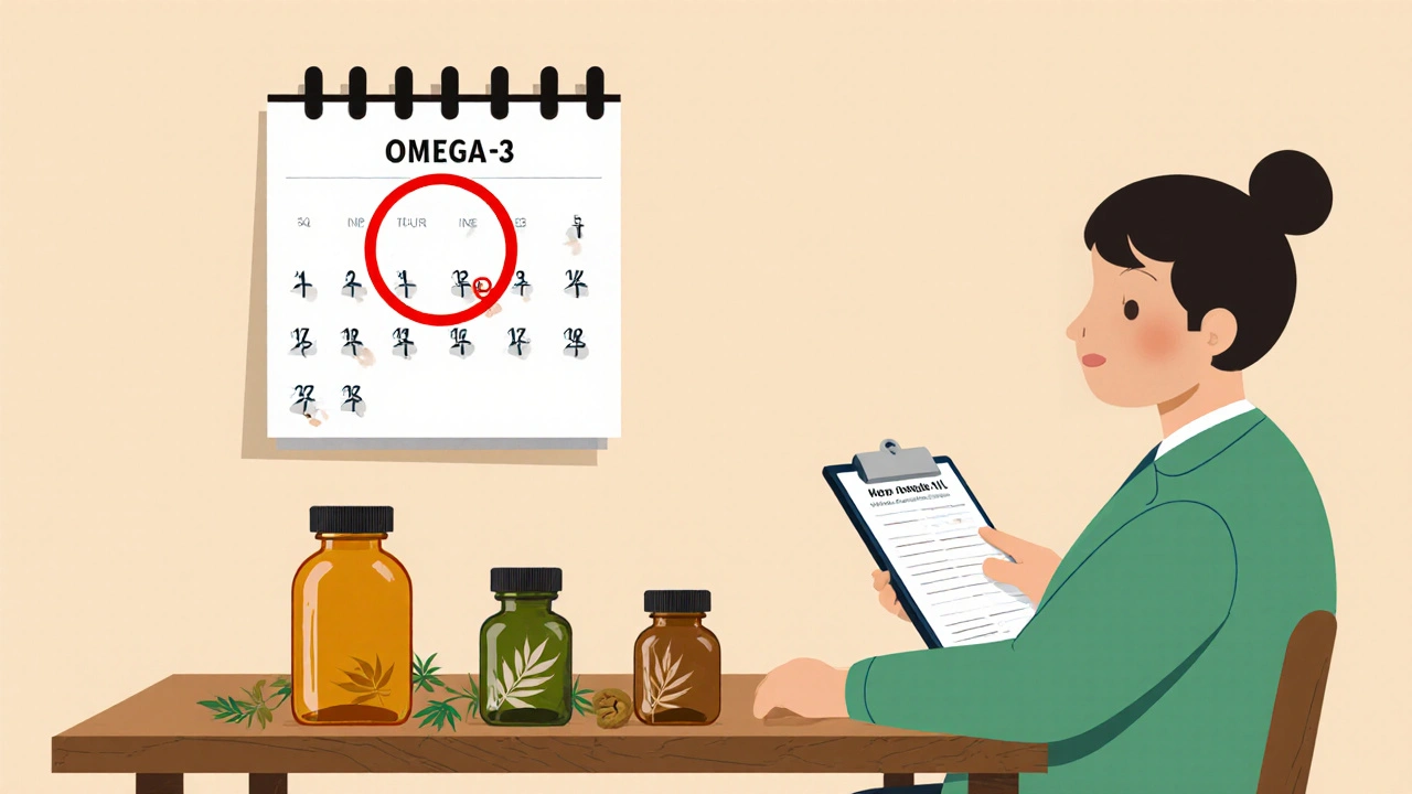 Doctor with patient showing flaxseed, hemp, and walnut oil bottles and a calendar.