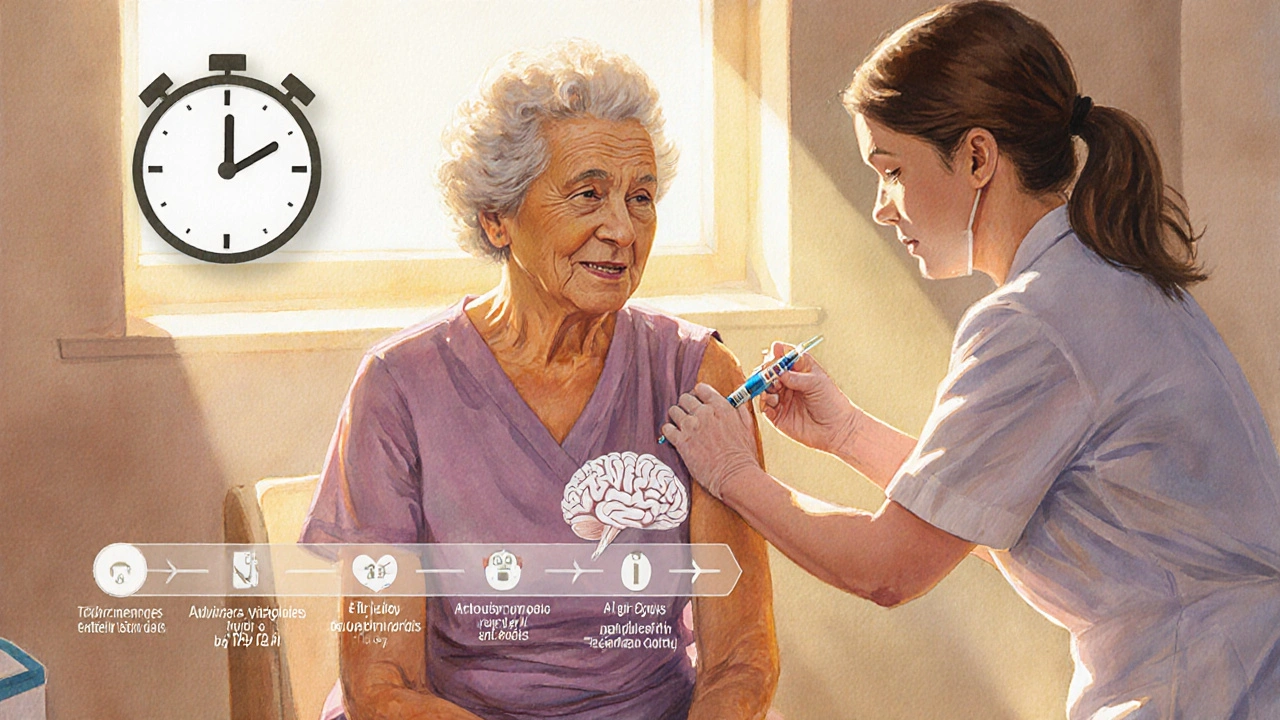 Elderly woman receiving shingles vaccine with symbols of early treatment and mental‑health support.