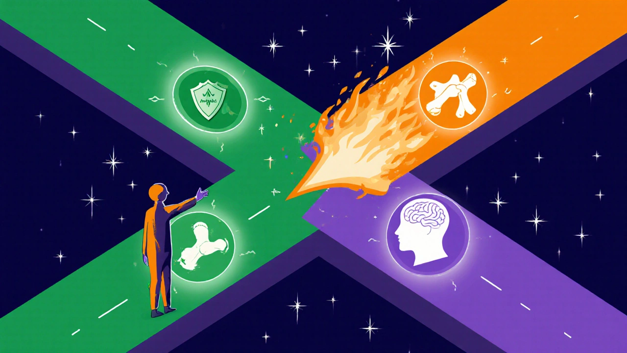 Figure at a crossroads choosing between glowing paths for immune, joint, and stress support, with sparkles.
