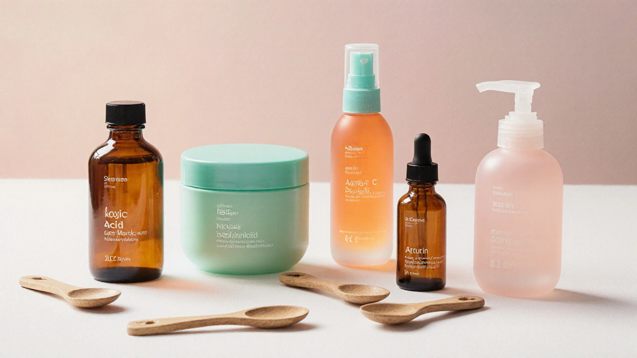 Flat‑lay of various colorful skincare bottles representing OTC brightening ingredients.