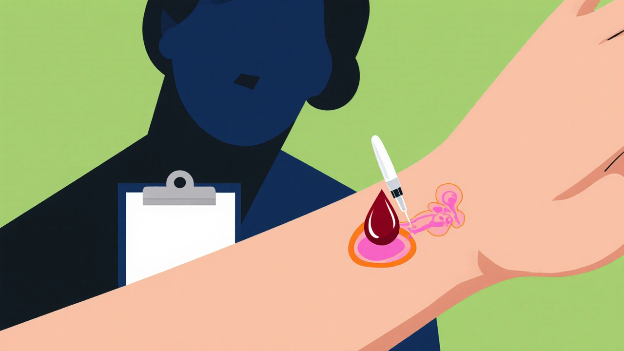 Forearm with a red drop, lancet prick, pink wheal and flare, doctor silhouette watching.