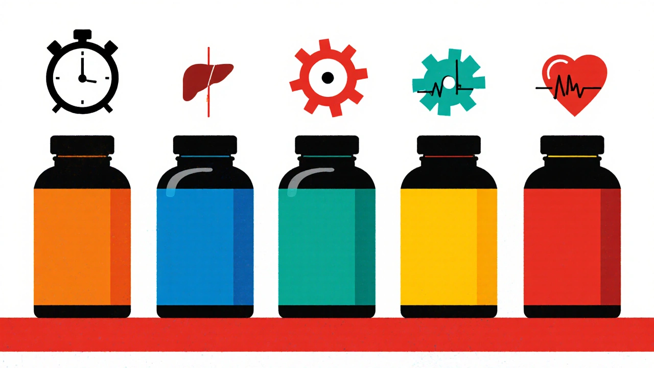 Grid of colored pill bottles each paired with icons for half‑life, metabolism, and side effects.