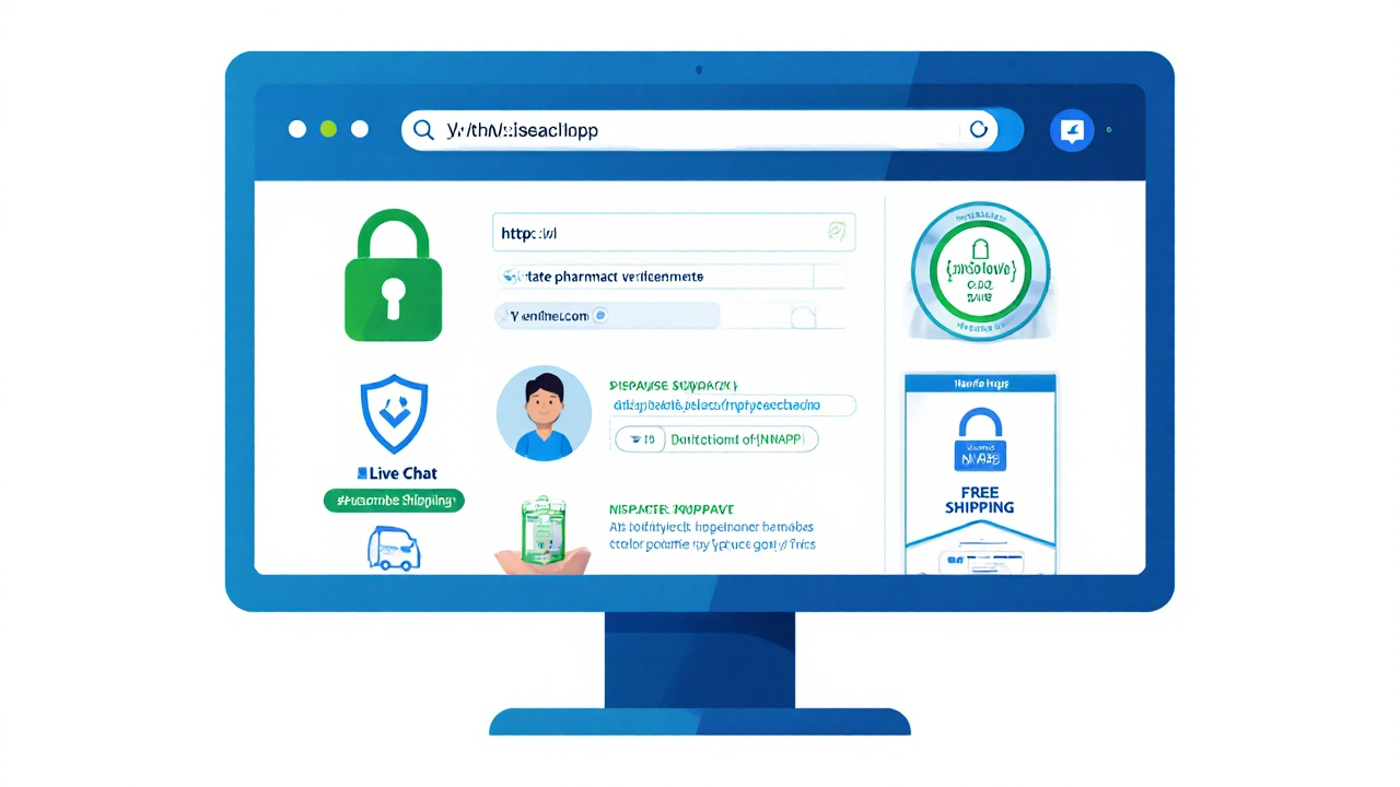 Illustration of a secure online pharmacy website with license and chat icons.