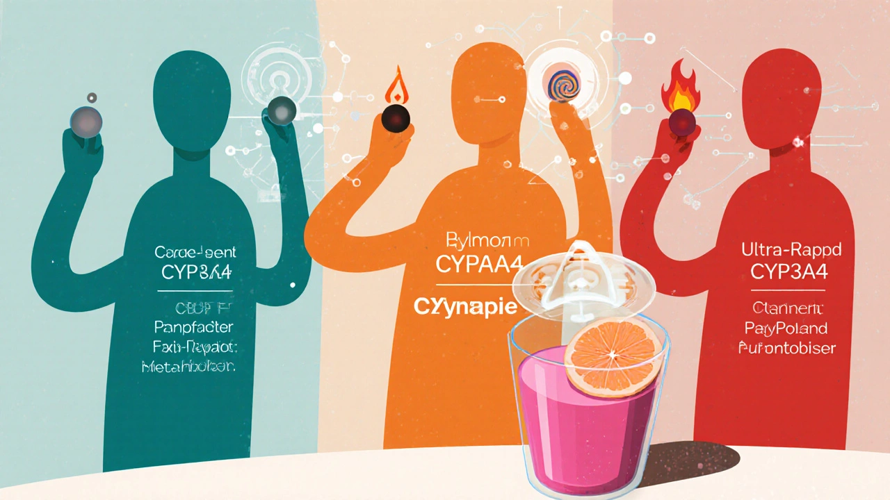 Image of metaboliser types with codeine conversion, grapefruit juice, and AI alert.
