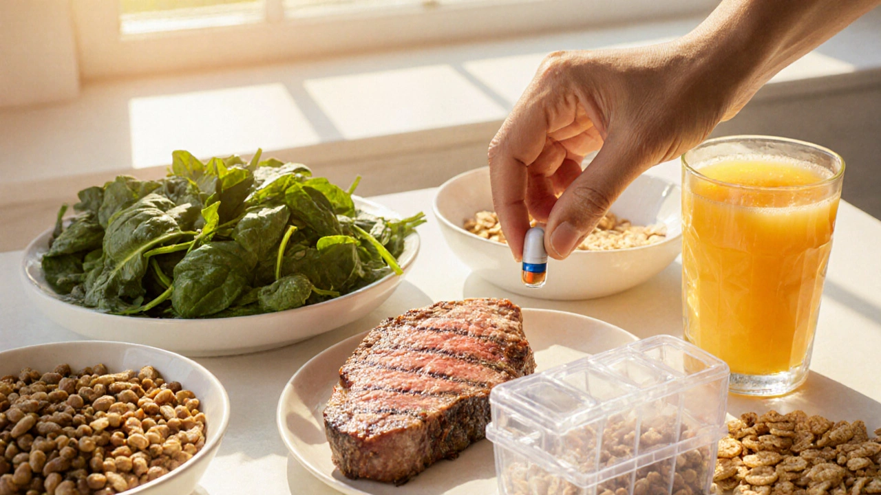Iron‑rich foods and supplement capsules displayed on a kitchen table.