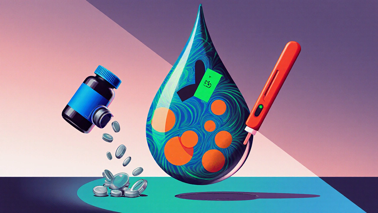 Lab scene with INR device, fish oil droplet mixing with stylized blood cells.