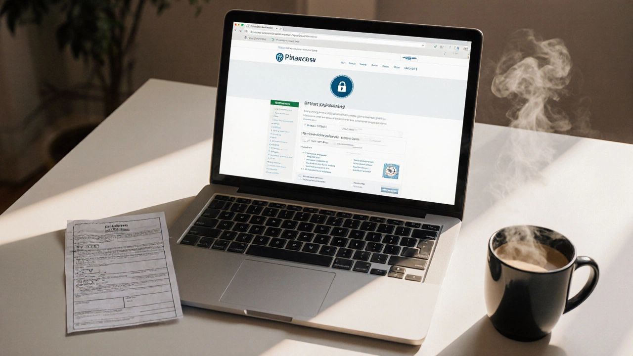 Laptop on a desk showing a secure pharmacy site with a prescription file beside it.
