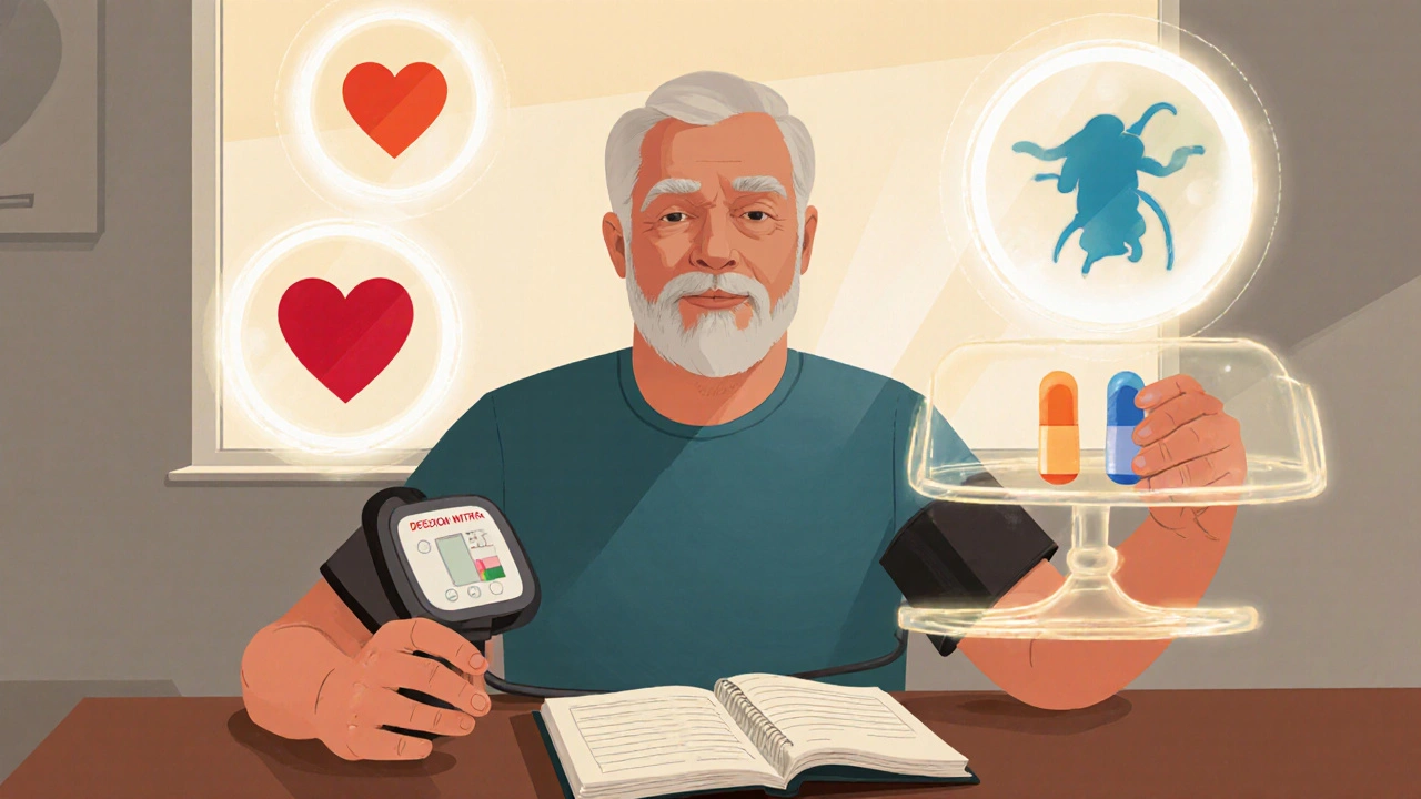Man at table reviewing health options with heart, prostate and pill icons.