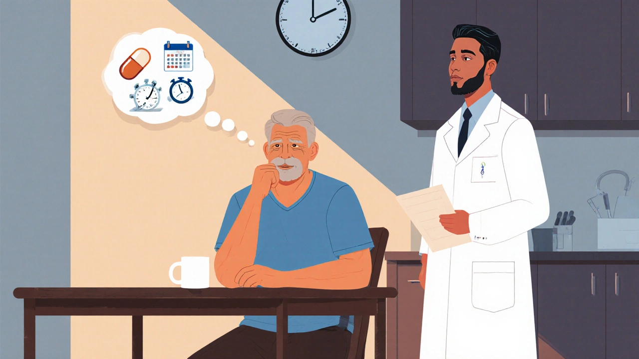 Man discussing ED medication options with a pharmacist in a kitchen setting.