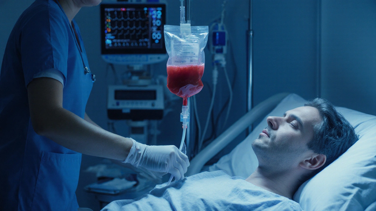Nurse attaching a blood bag to a patient&#039;s IV line in a hospital.