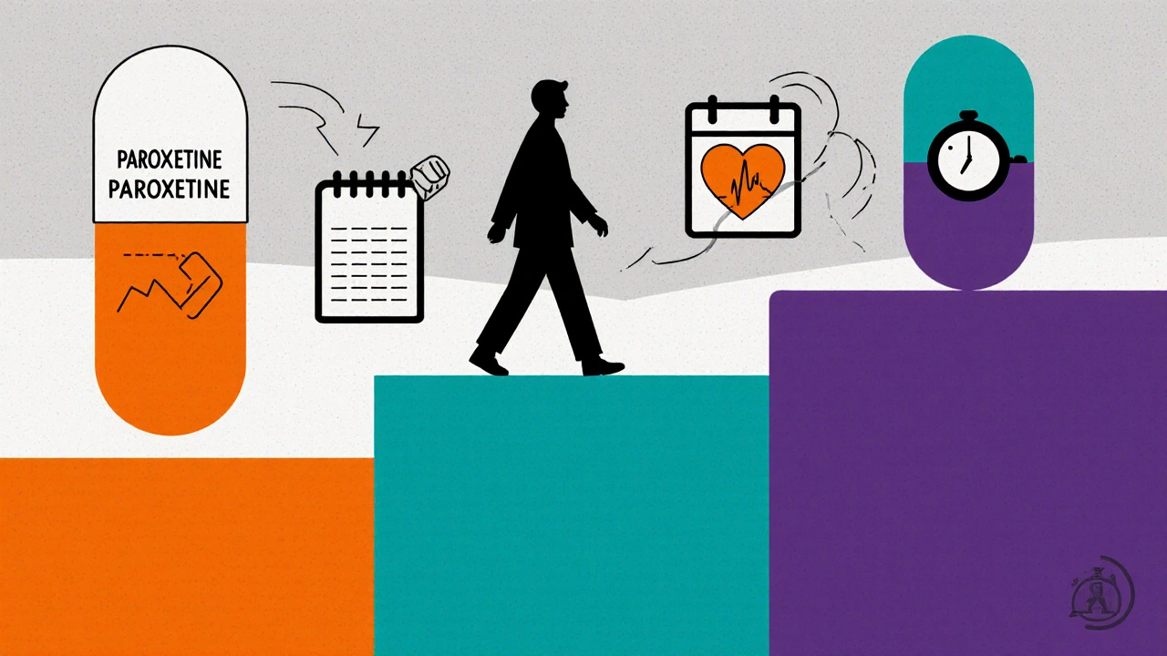 Patient walking a stepped path from Paroxetine to a new drug, showing tapering and monitoring icons.