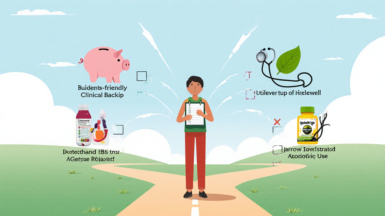 Person at a crossroads with icons representing different probiotic options, illustrating a decision process.