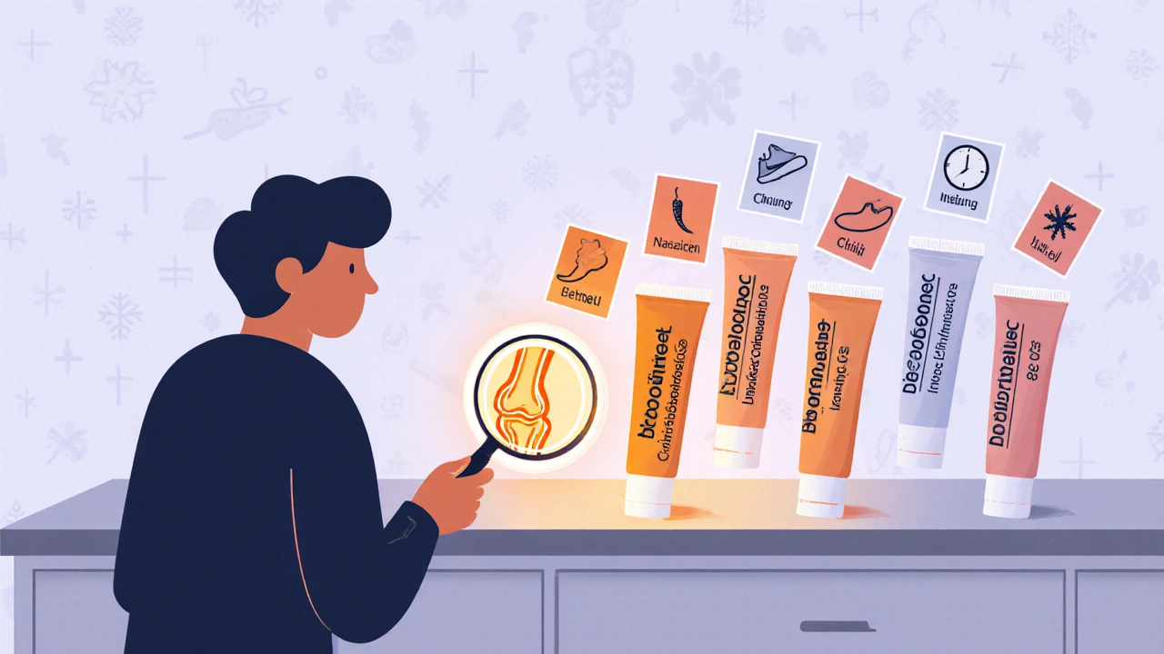 Person selecting between gel tubes on a table, each labeled with symbols like knee, shoe, clock, pepper, and snowflake.