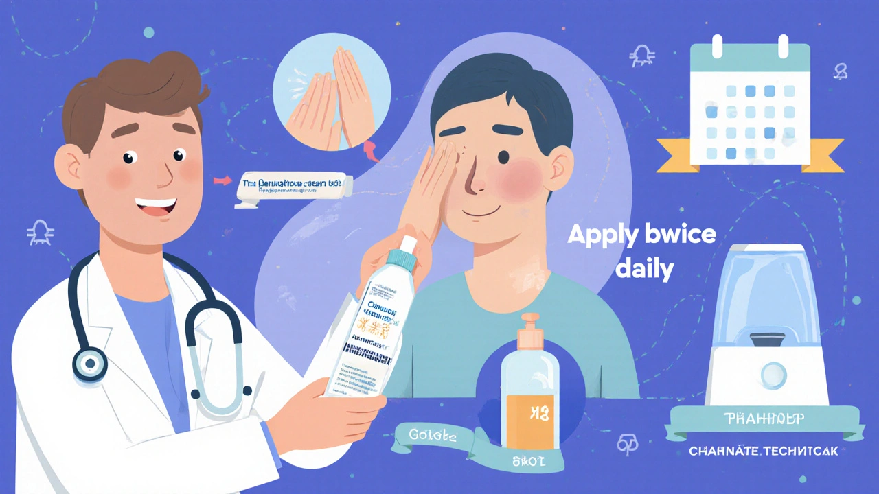 Polish poster depiction of a dermatologist giving cream with icons for application and care.