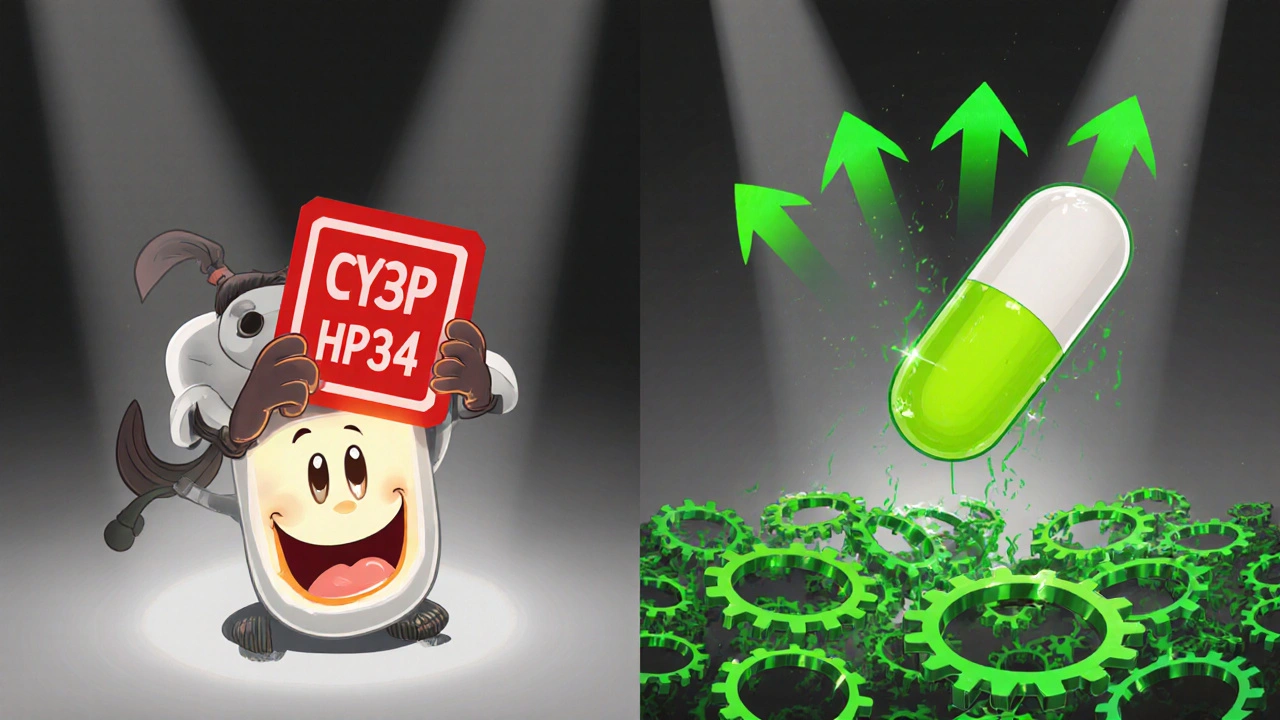 Poster showing clarithromycin inhibiting and rifampin inducing CYP3A4 enzymes.
