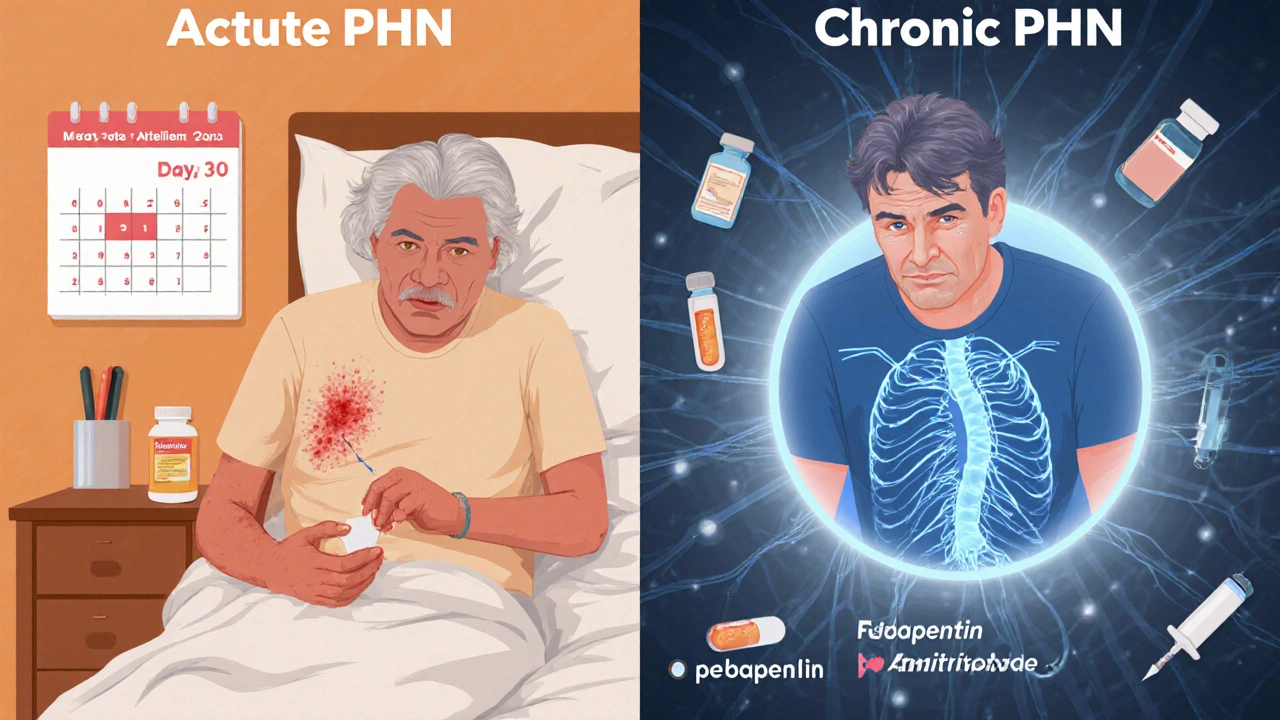 Side‑by‑side illustration of acute vs chronic PHN showing rash, medications, and nerve damage progression.