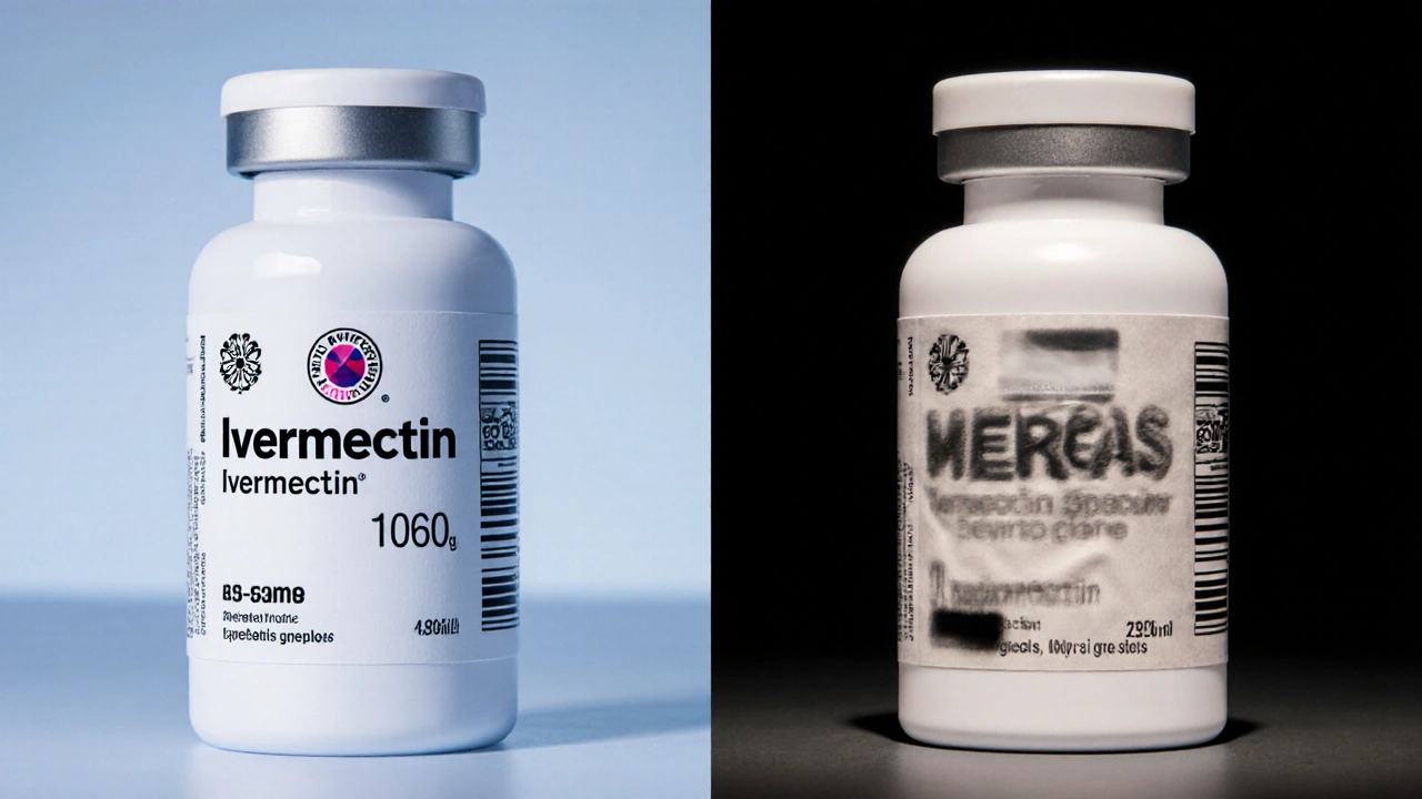 Side‑by‑side view of a genuine ivermectin bottle and a low‑quality counterfeit bottle.