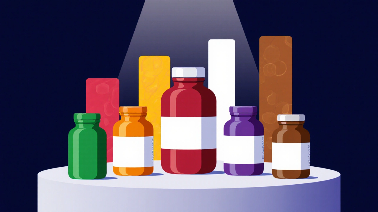 Six colorful supplement bottles on a podium with abstract bars indicating potency, set against a dark background.