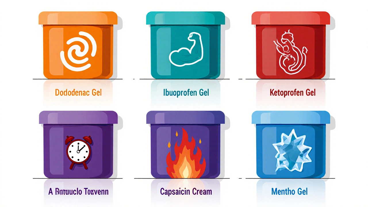 Six stylized gel tubes representing different pain relievers, each with distinct color and icon.