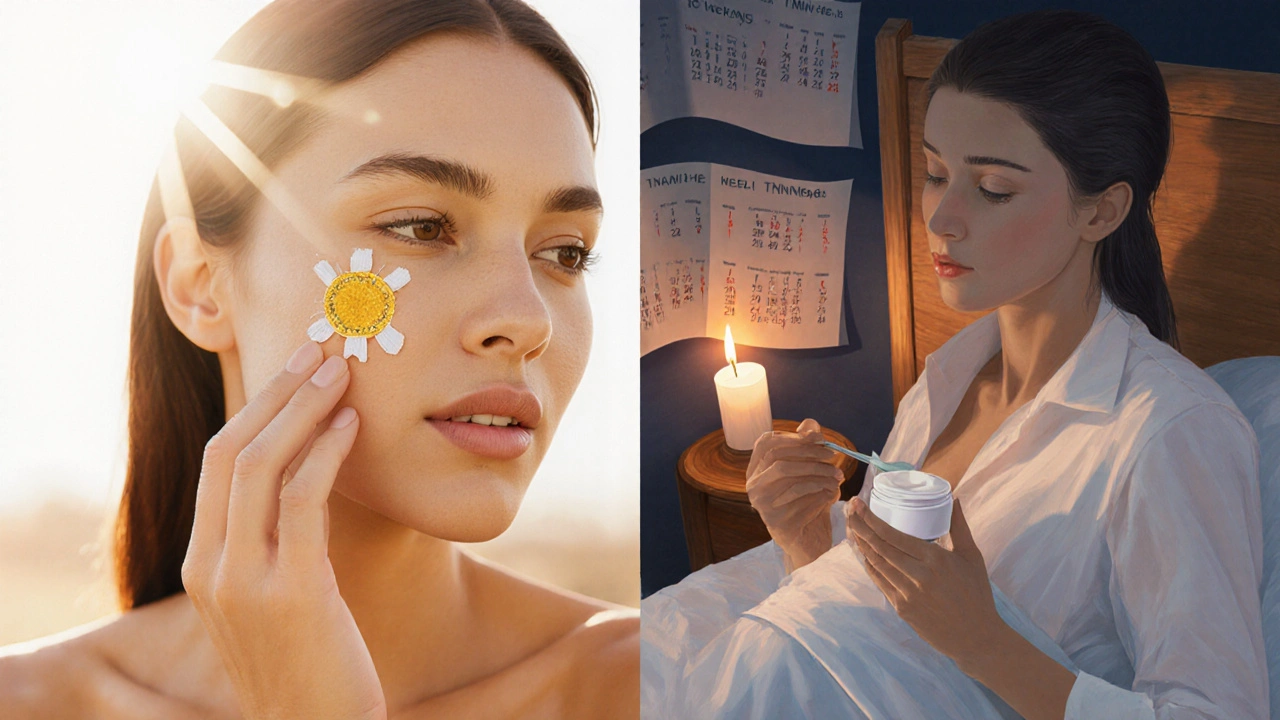 Split scene of a woman applying sunscreen in morning and prescription cream at night, with calendar weeks.